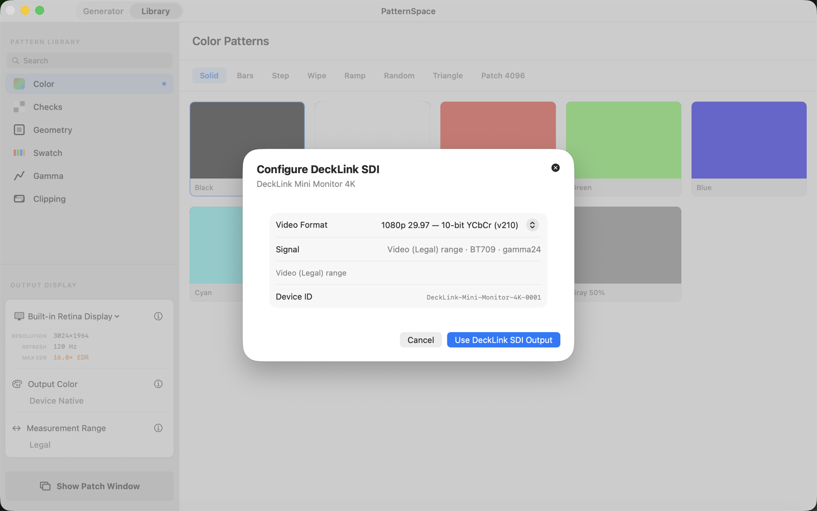 Configure DeckLink SDI output in PatternSpace 2.0: 1080p 29.97, 10-bit YCbCr v210, legal-range BT.709