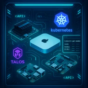 A futuristic server rack with a Jetson Nano, Raspberry Pi, and old Mac Mini glowing with Kubernetes and Talos logos, symbolizing a home Kubernetes cluster.