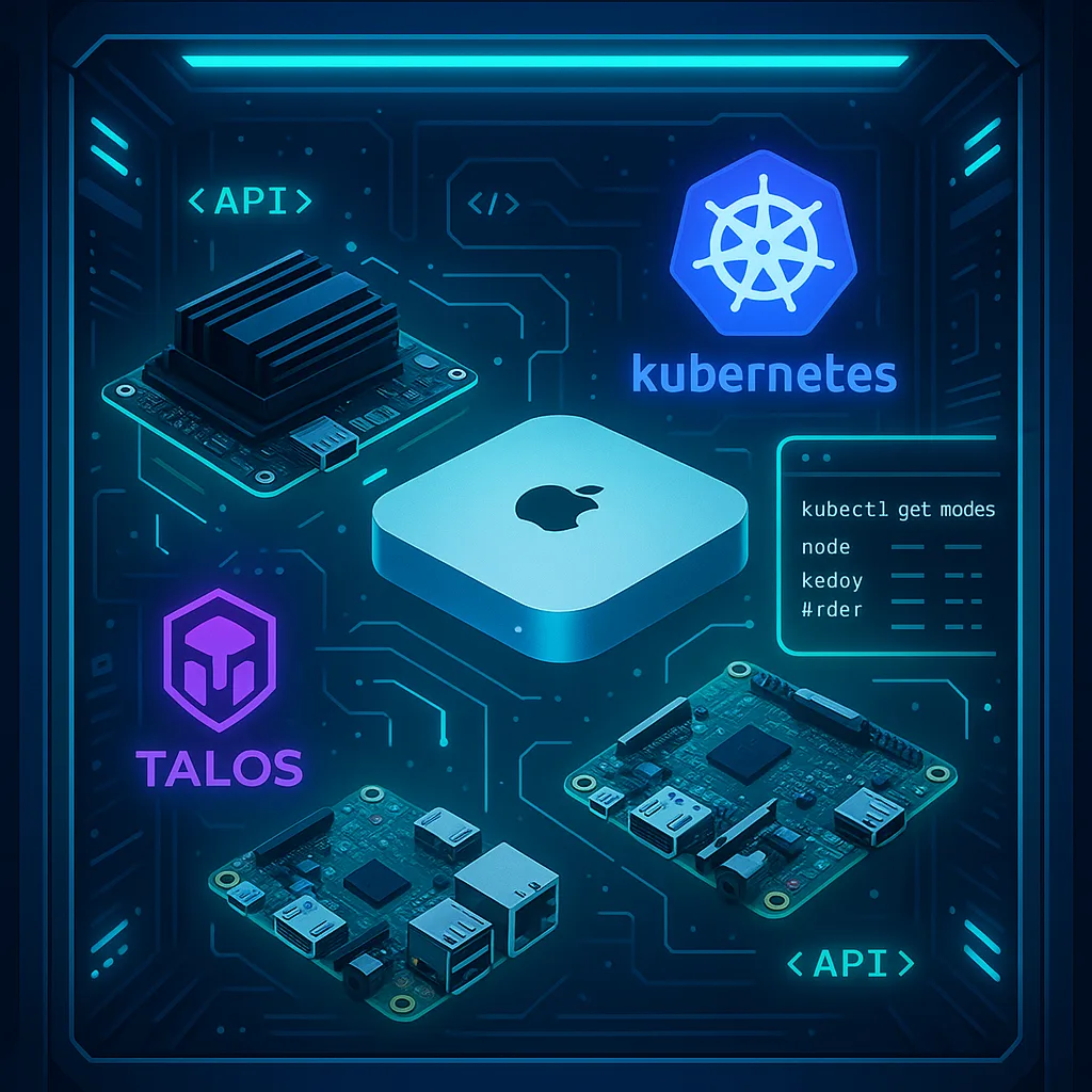 A futuristic server rack with a Jetson Nano, Raspberry Pi, and old Mac Mini glowing with Kubernetes and Talos logos, symbolizing a home Kubernetes cluster.
