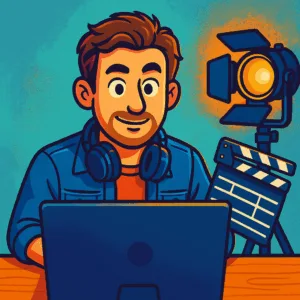 Cartoon-style illustration of a young film director sitting behind a computer monitor with headphones, clapperboard, and studio light in a colorful setting