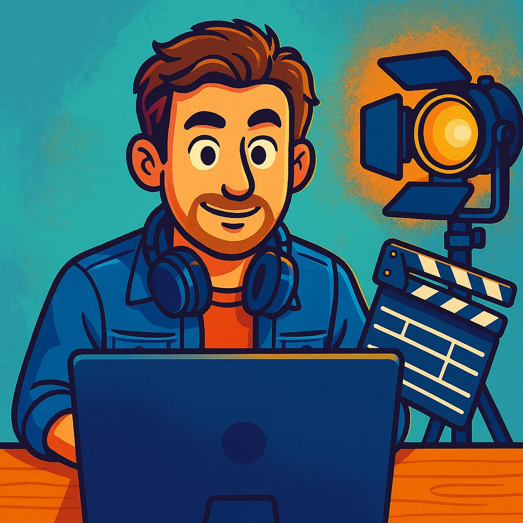 Cartoon-style illustration of a young film director sitting behind a computer monitor with headphones, clapperboard, and studio light in a colorful setting