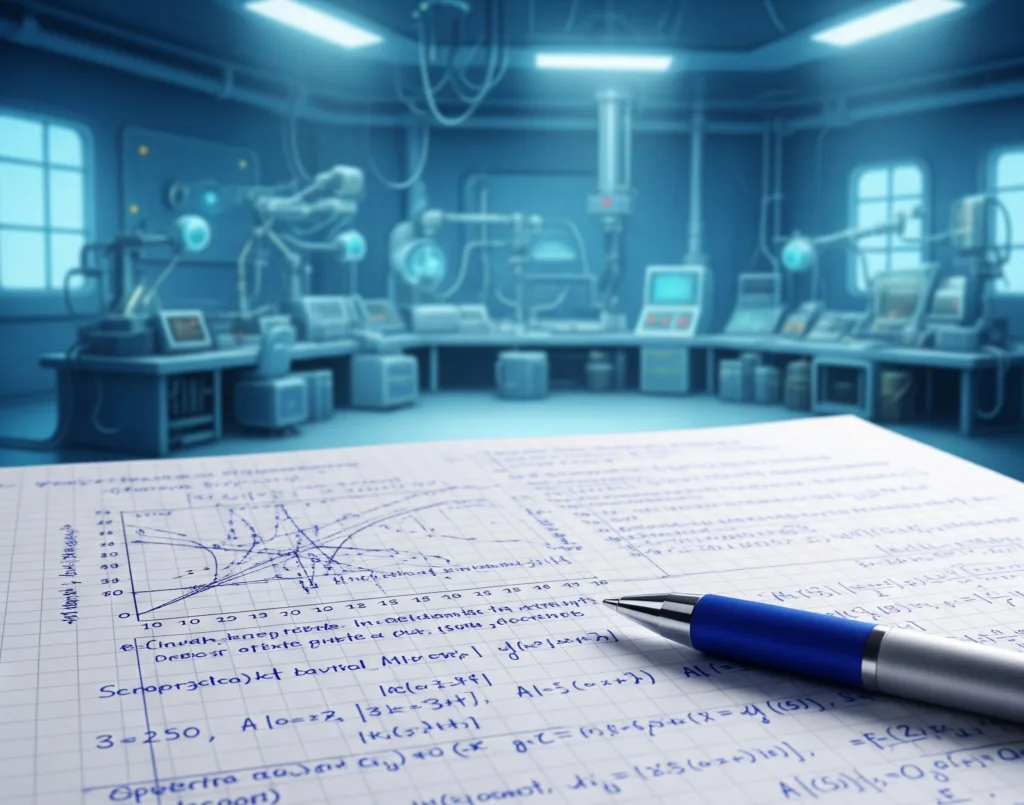 Caplaz Blog: Experimental Insights A close-up view of a page of handwritten scientific lab notes filled with graphs, charts, and equations, with a blue pen resting on it.