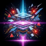 An abstract and surreal digital painting depicts a central, complex AI core appearing to break apart, surrounded by fragmented geometric shapes, erratic light beams, and multiple glowing red warning triangles. The vibrant, chaotic elements and error symbols symbolize a significant system malfunction or problematic output.