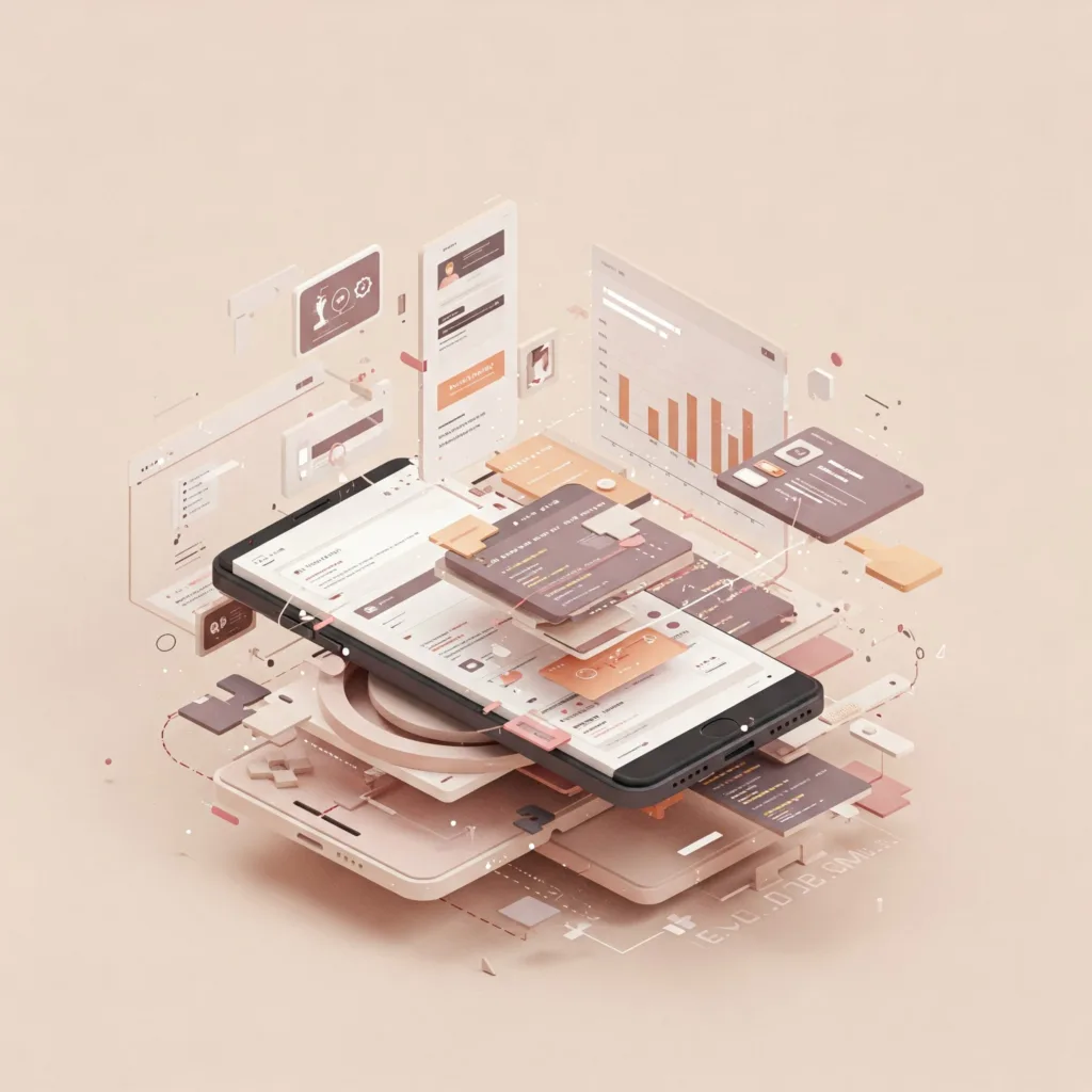 home-building Illustration of a mobile app development process with layered UI components, charts, and interface elements, symbolizing modern software and user experience design.