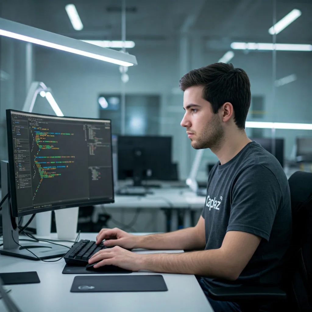 home-developer Software developer focused on writing code at a modern workstation, wearing a Caplaz-branded shirt, in a clean, professional office environment.