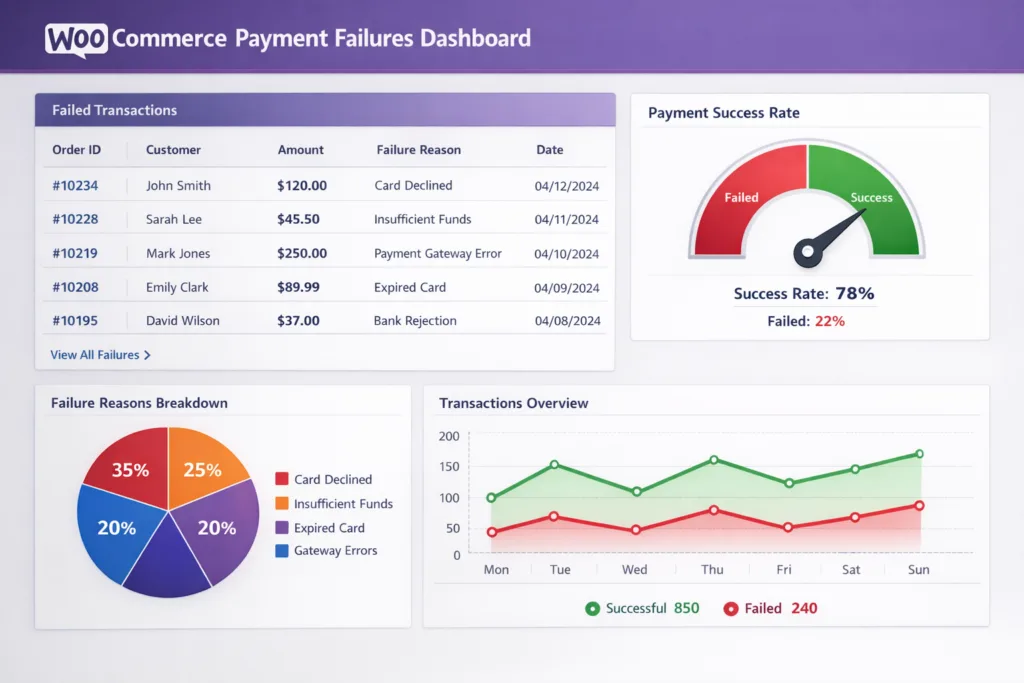 WooCommerce payment failures dashboard showing failed transactions and success rates