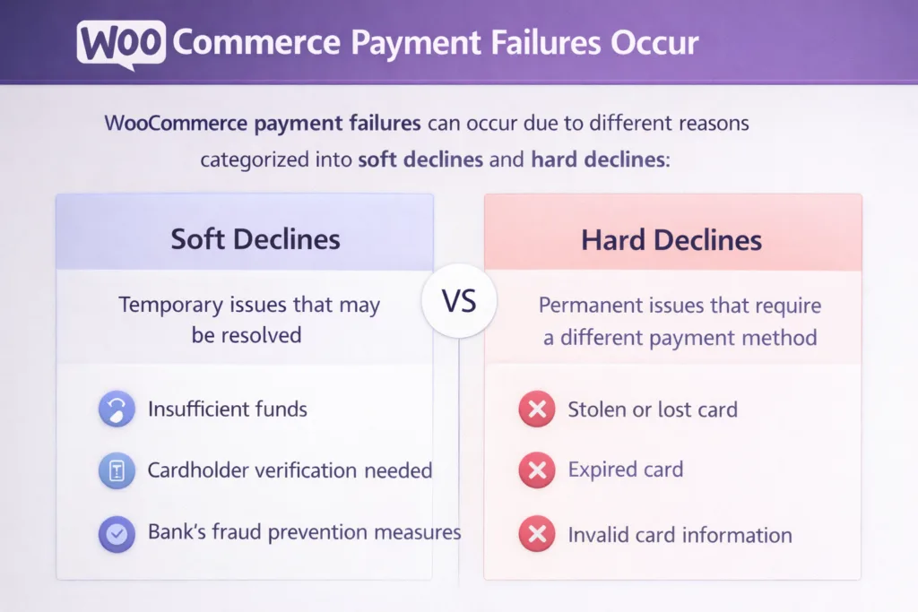 Infographic explaining why WooCommerce payment failures occur - soft vs hard declines
